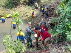 Babinsa Desa Bulurejo Klaten Bersama Relawan Laksanakan Karya Bakti Bersihkan Rumpun Bambu Di Anak Sungai Pusur